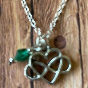 Celtic Knot Infinity and Heart with Emerald Green Crystal Bead Necklace